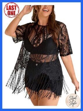 Plus Size Boho Fringe Lace Top 3/4 Sleeve Tassel Hem Festival